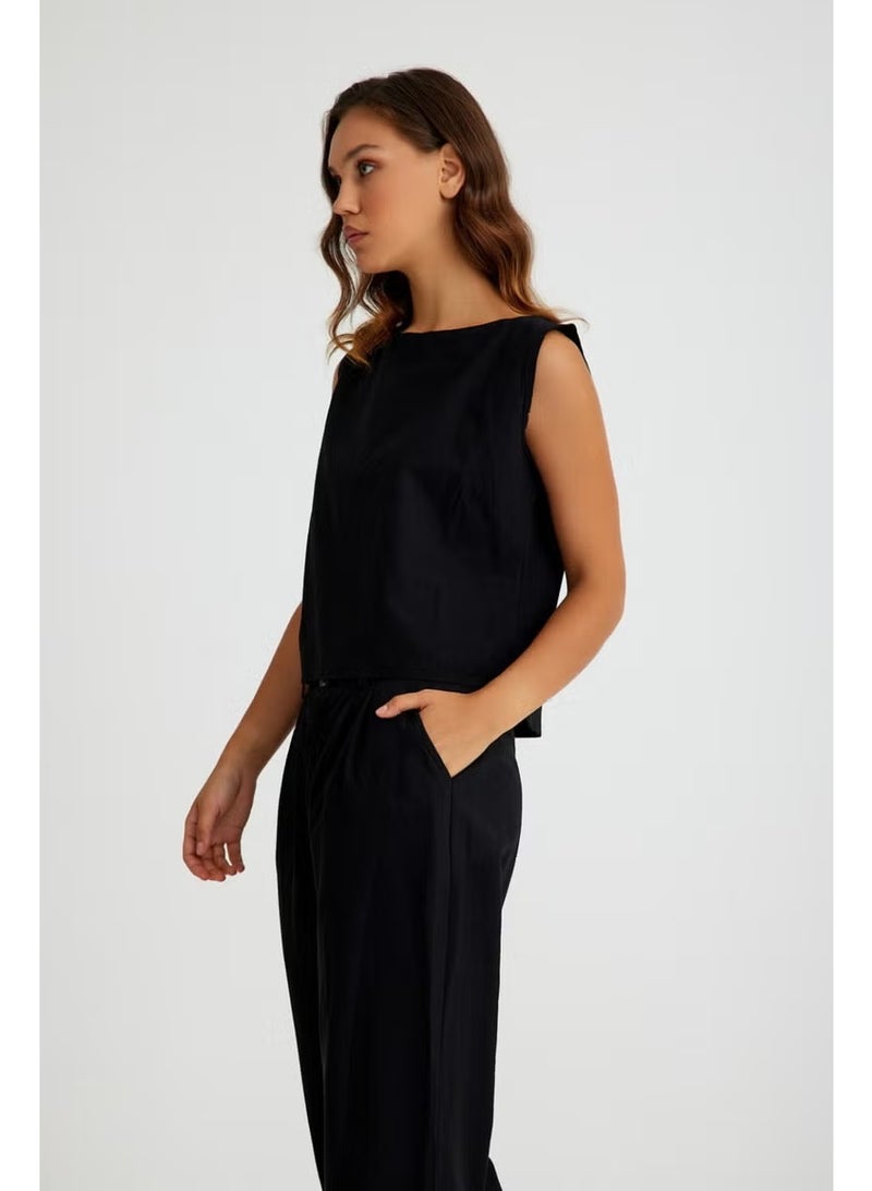 Barbora Linen Casual Sleeveless Top and Bottom Women's Set LN08SIYAH16 - Image 3